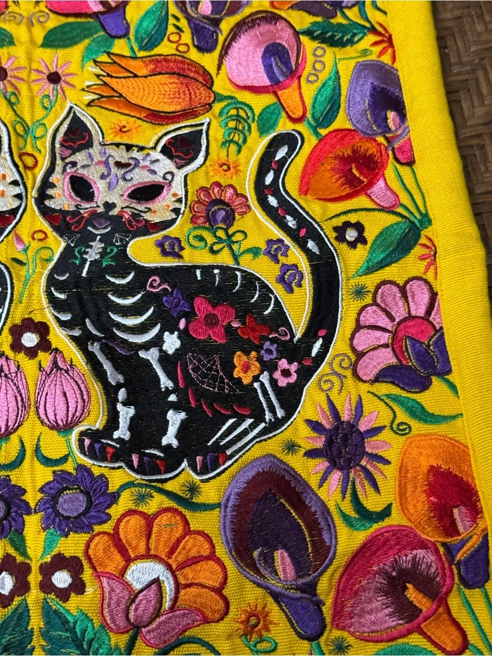 Yellow Embroidered Day of the Dead Cat Decorative Textile Throw Pillow Cover